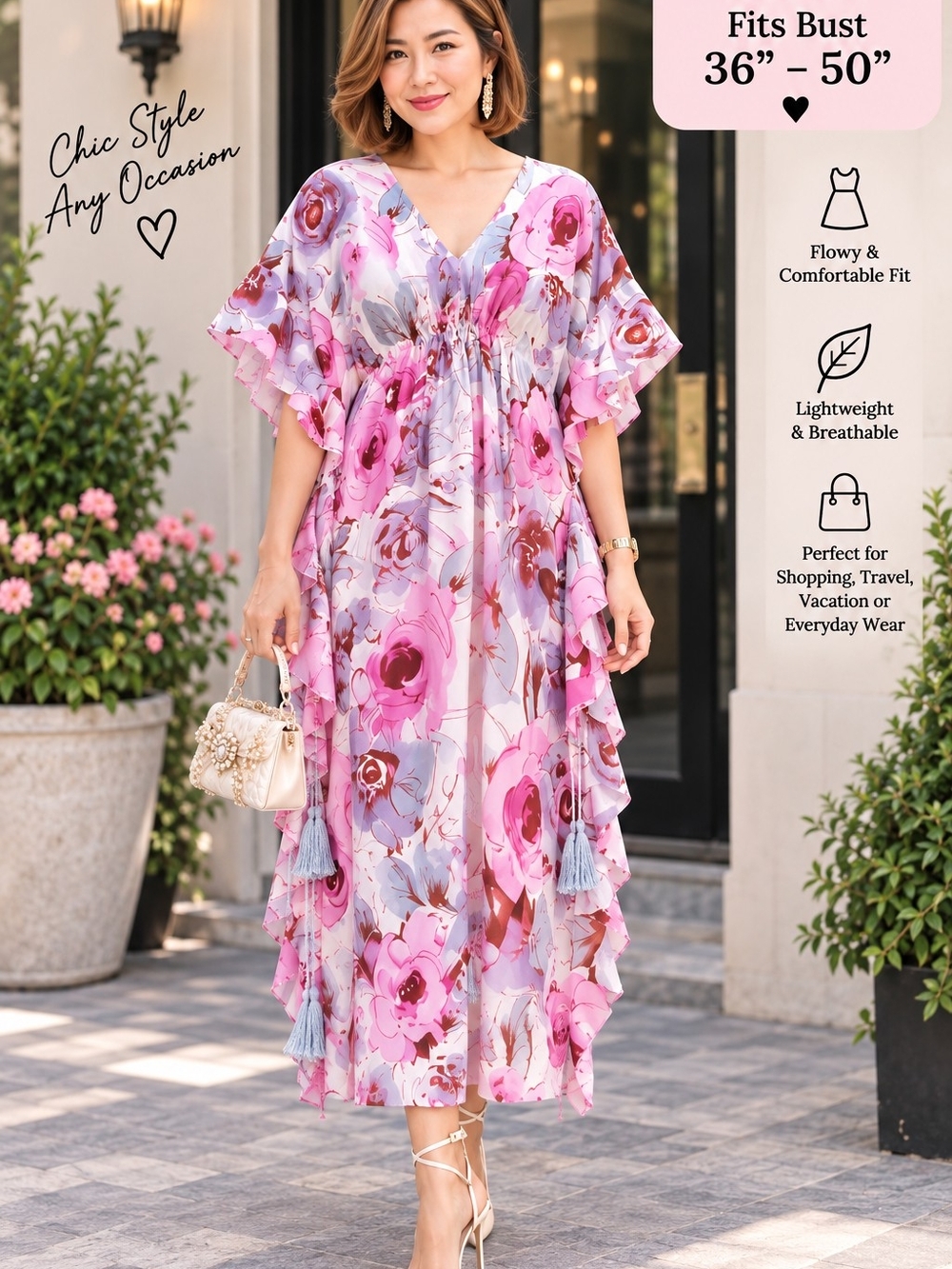 Floral V-Neck Ruffle Midi Dress in Pink Floral